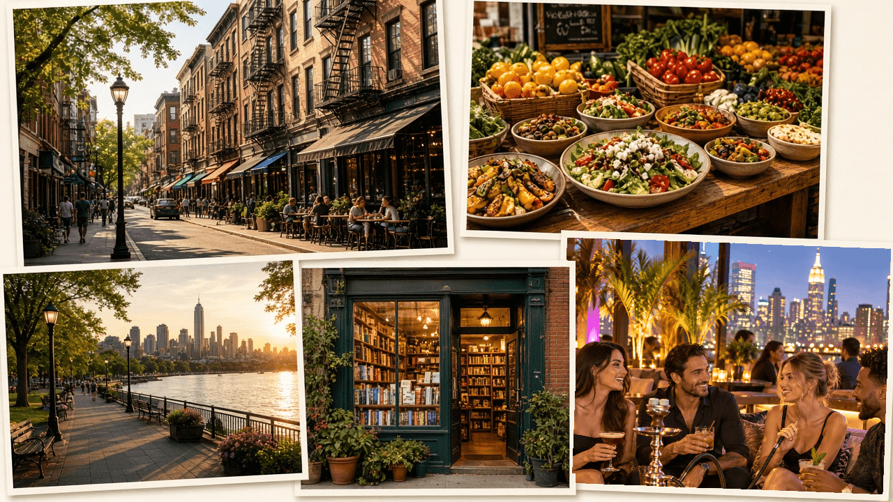 Collage of city streets, local food, and neighborhood places
